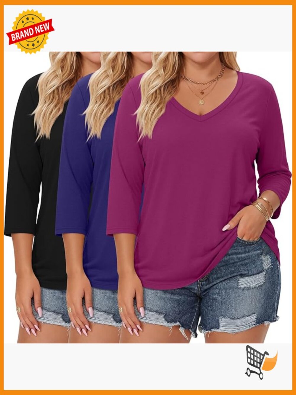 3 Pack Plus Size Loose Fit 3/4 Sleeve V Neck T Shirts